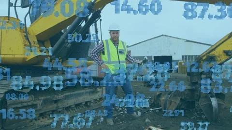 Construction pro scanning tablet and showing blue data HUD assessing excavator Stock Footage 335465585