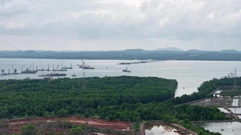 The construction process of the bridge connecting the islands Stock Footage 344614819