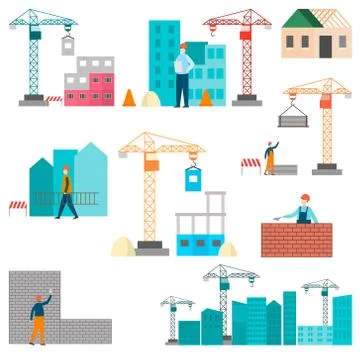 Construction process of building construction using construction machines and Ilustración de archivo