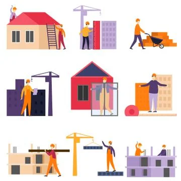 Construction process of building construction using construction machines and Ilustración de archivo