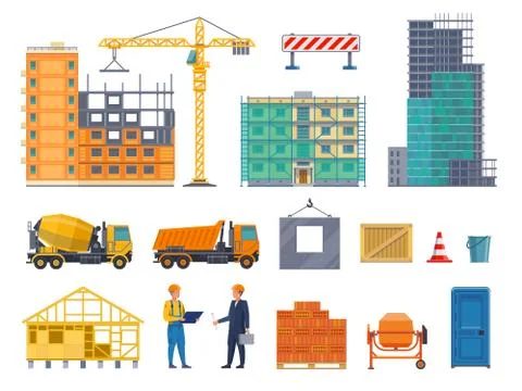 Construction process. Building site elements, machinery and workers, unfinished Ilustración de archivo