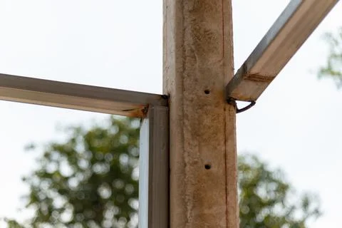 Construction process close-up steel frame installation and structural integ.. Stock Photos