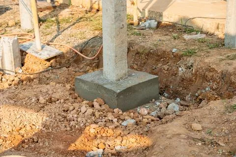 Construction process concrete foundation installation residential site dayl.. Stock Photos