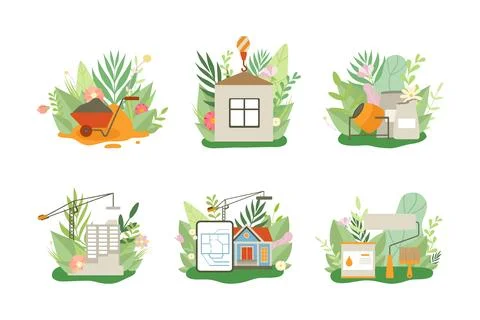 Construction process. Ecological house building with sustainable, nature Ilustración de archivo