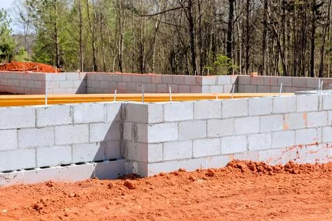 Construction process of foundation with concrete blocks in wooded area on clear Stockfoto's