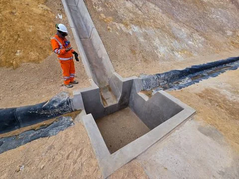 Construction process of hydraulic structures made of concrete and geosyntheti Stock Photos