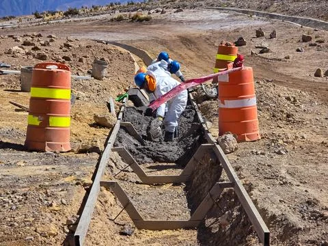 Construction process of hydraulic structures made of concrete and geosyntheti Stock Photos