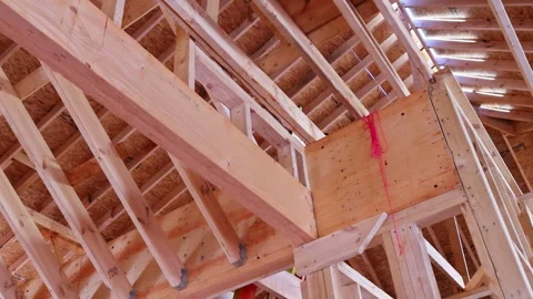 Construction process inside wooden structure in building site Stock Footage 342743090