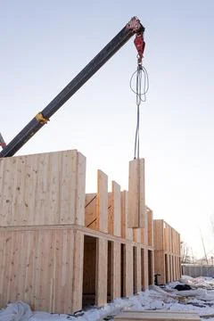 The construction process of modern modular house made of composite sip panels Stock Photos