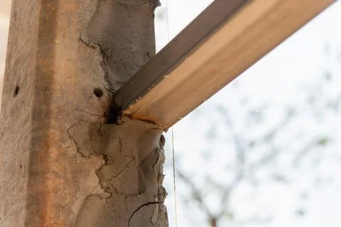 Construction process structural detail urban site close-up shot daylight te.. Stock Photos