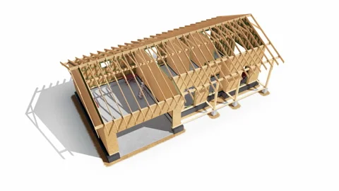 Construction process of wood frame modern house. Step 4 of 7. 動画素材 111589750