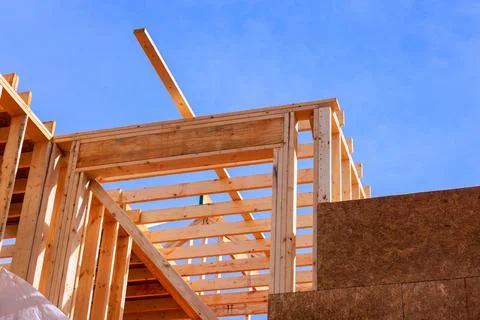 Construction process of wooden structure taking place Stock Photos