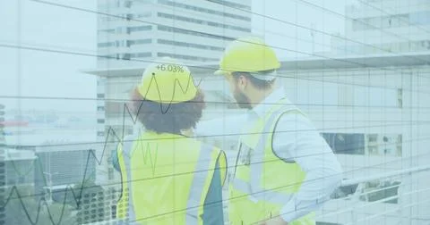 Construction professionals analyzing financial growth data on urban building Stock Illustration
