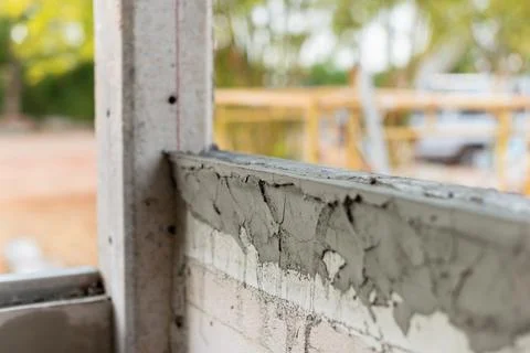 Construction progress at local site urban environment daylight close-up bui.. Fotos de archivo