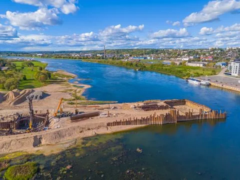 Construction progress of a new modern bridge building. Aerial drone view Stock-Fotos