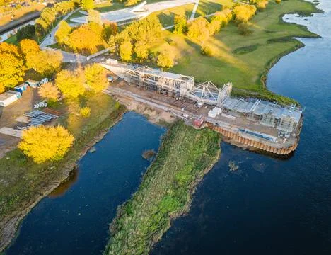 Construction progress of a new modern bridge building. Aerial drone view 스톡 사진
