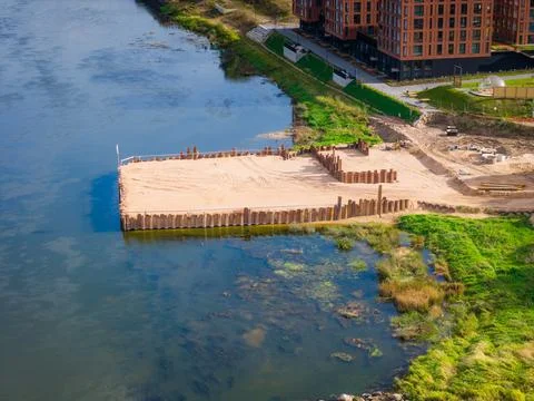 Construction progress of a new pedestrian bridge building. Aerial drone view Фото