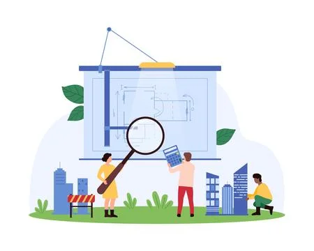 Construction project analysis, inspection of building drawing by architects and Ilustración de archivo