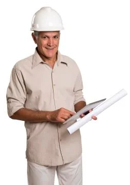 Construction Project Male Architect Checking The Blueprints Stock Photos