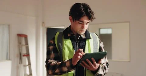 Construction, project management and tablet with architect man in home for Stock Photos