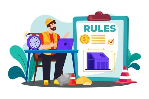 A construction project manager ensures that the project stays on schedule a.. Stock Illustration