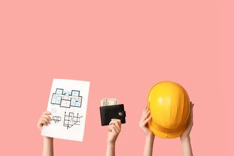 Construction project planning and financing with architectural blueprint, har Stock Photos