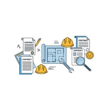 Construction project planning with blueprints hard hats and documents Stock Illustration