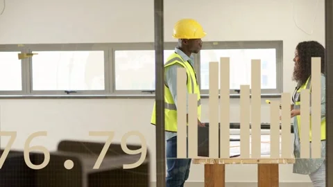 Construction pros reviewing plans for build, woman tapping tablet causing Video stock 334744295