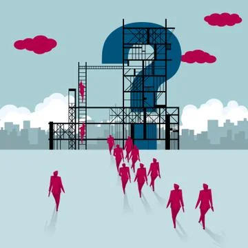 Construction question mark.A group of businessmen walked to the building site. Ilustración de archivo