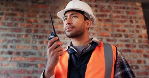 Construction, radio and man on building site, engineering and project management Stock Footage 336262016