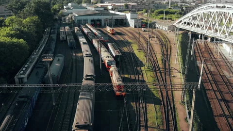 Construction of a railway bridge in the metropolis. Train rides, top view Stock Footage 142131016