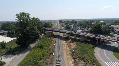 Construction of railway tracks, flight over the viaduct, aerial view Stock Footage 120400876