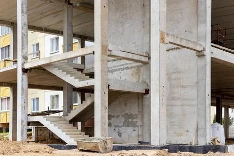 Construction of a reinforced concrete building. Elements of a concrete house. Stock-Fotos