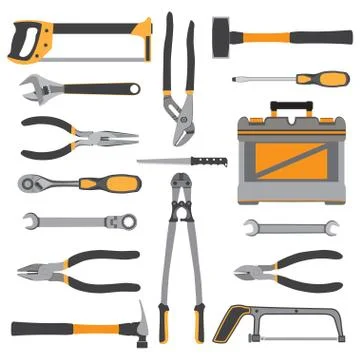 Construction repair tools flat icon set. Bench, small tools isolated on white Stock Illustration