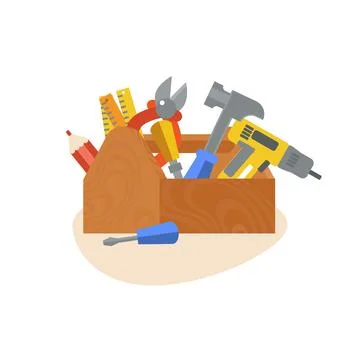 Construction repair tools flat icon set. Cartoon wooden tool box with hammers Stock Illustration