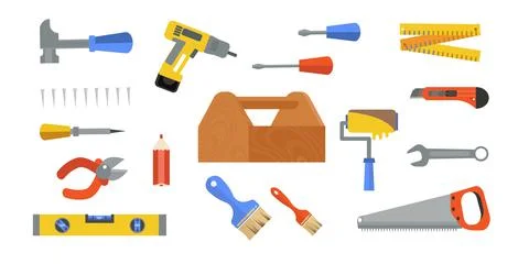 Construction repair tools flat icon set. Cartoon wooden tool box with hammers Stock Illustration