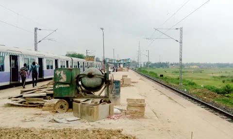 Construction Repair Work In Progress at railway station platform. Amta railwa Stock Photos