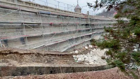 Construction of a Retaining Wall using Scaffolding for Structural Support a.. Stock Photos