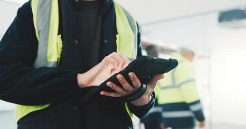 Construction, review or hands on site with tablet, task brief or inspection Stock Photos