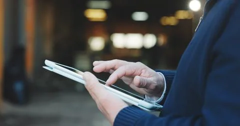 Construction, review or hands with tablet, task instruction or inspection report Stock Photos