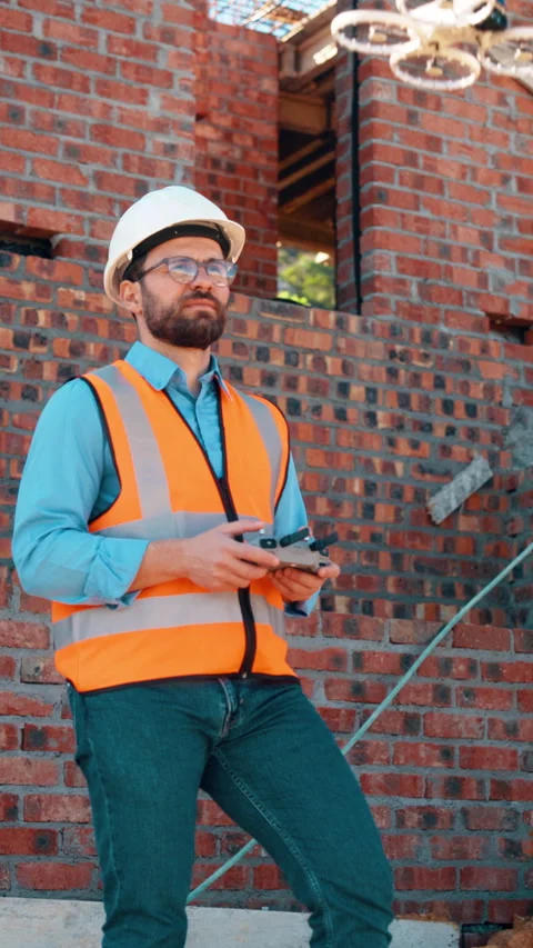 Construction, review or man on worksite with drone, structure or track progress Stock Footage 336184408