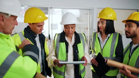 Construction, review or team on site with tablet, progress track or task brief Stock Footage 341552067