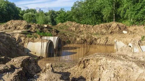 Construction of the river drains. Construction drains to prevent flooding in  Stock Photos