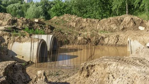 Construction of the river drains. Construction drains to prevent flooding in  Stock Photos