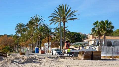 Construction on road by the beach broken by heavy rain Stock Photos