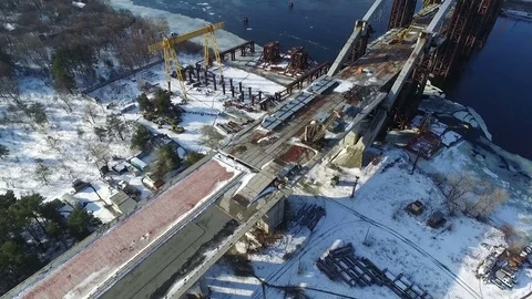 Construction of the road going to the bridge. Aerial view. Stock-Footage 72512438