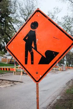 Construction Roadwork Orange Traffic Warning Sign Close-Up Stock Photos