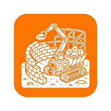 Construction robot bricklayer building habitat wall orange vector line icon. イラスト素材