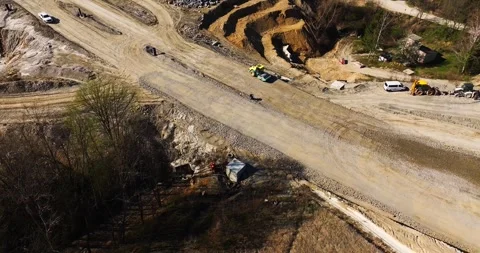 Construction Roller Cement Sand Follow Aerial Shot Roadwork Development Drone Stock Footage 300477012