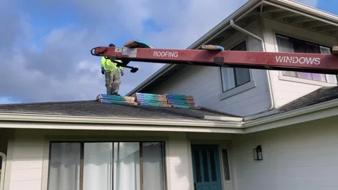 Construction Roofers Loading Roofing Shingles With Conveyor Belt Crane Machine Stock Footage 240571994